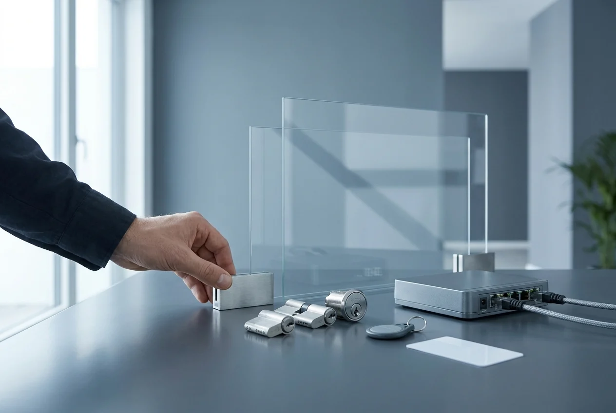 Technician rearranges modular security components in a clean office workspace