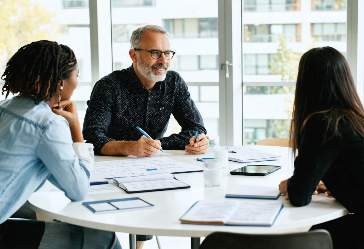 Consultant guiding business owners around