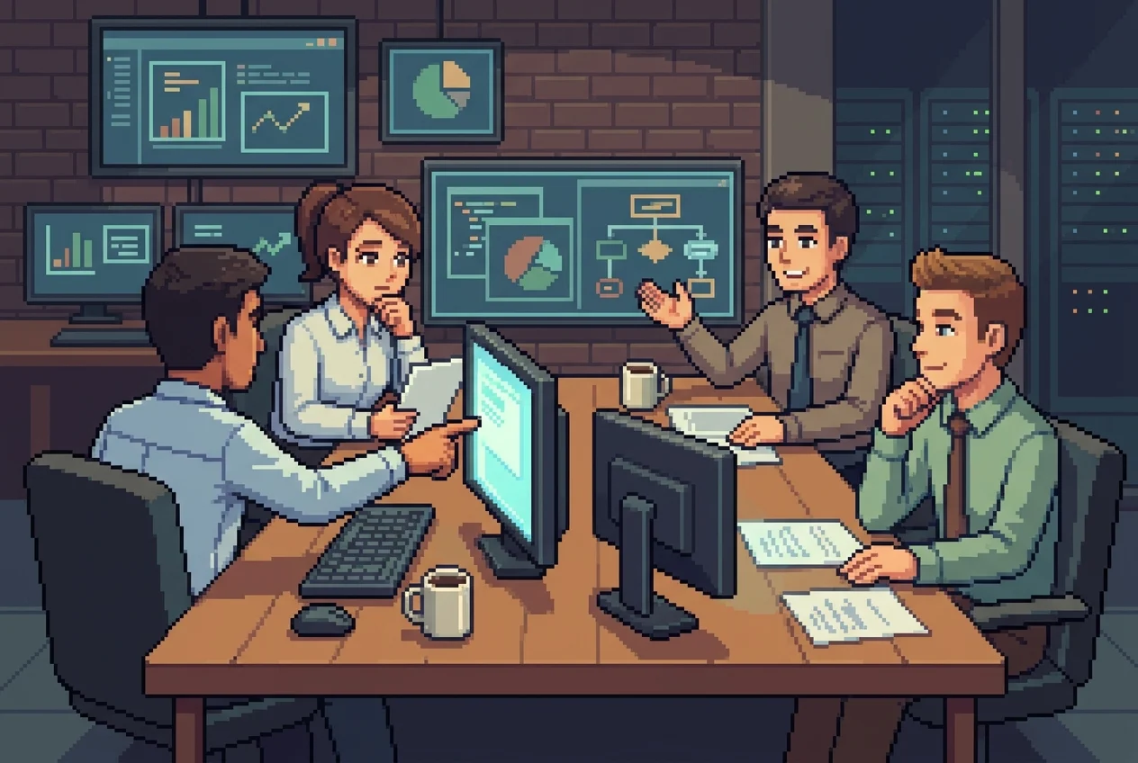 Cybersecurity team discussing AI findings while humans make final decisions