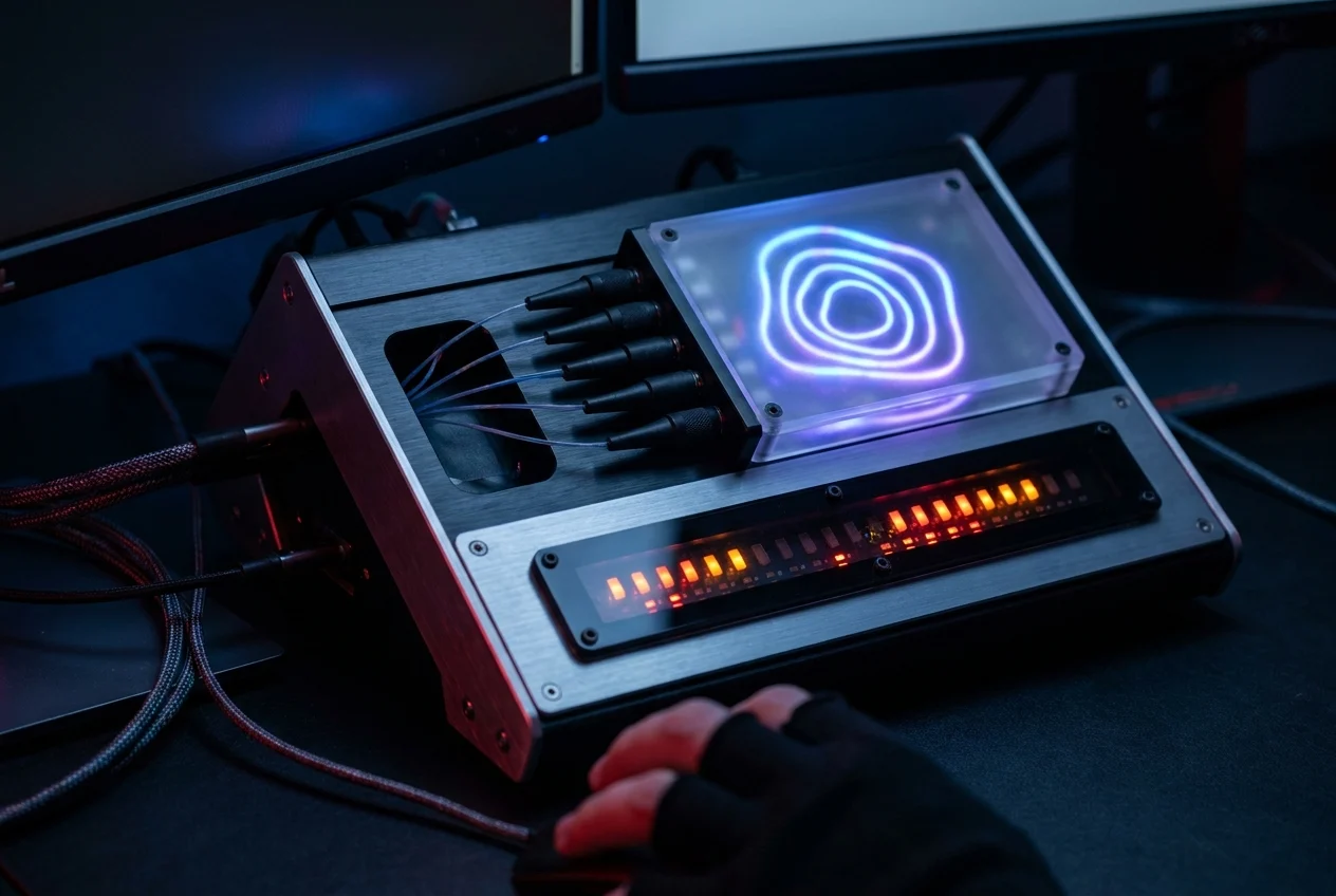 Glowing anomaly sensor beside monitoring lights suggests AI threat detection