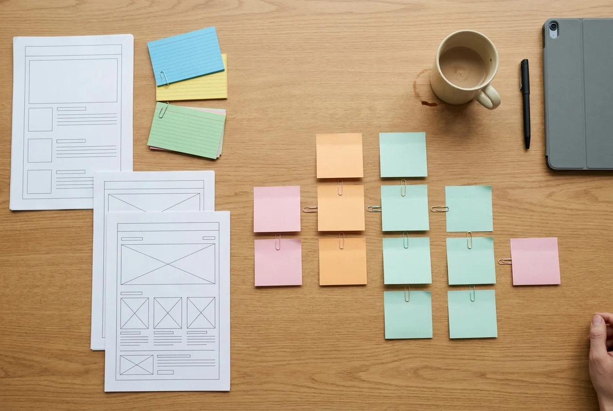 Top-down content planning workspace with cards, notes, tablet, and coffee