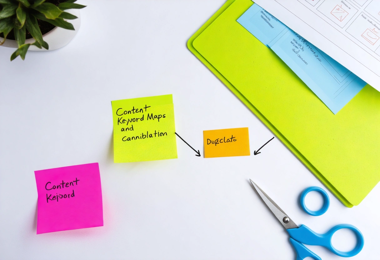 Top-down SEO planning desk with duplicate content sheets being separated