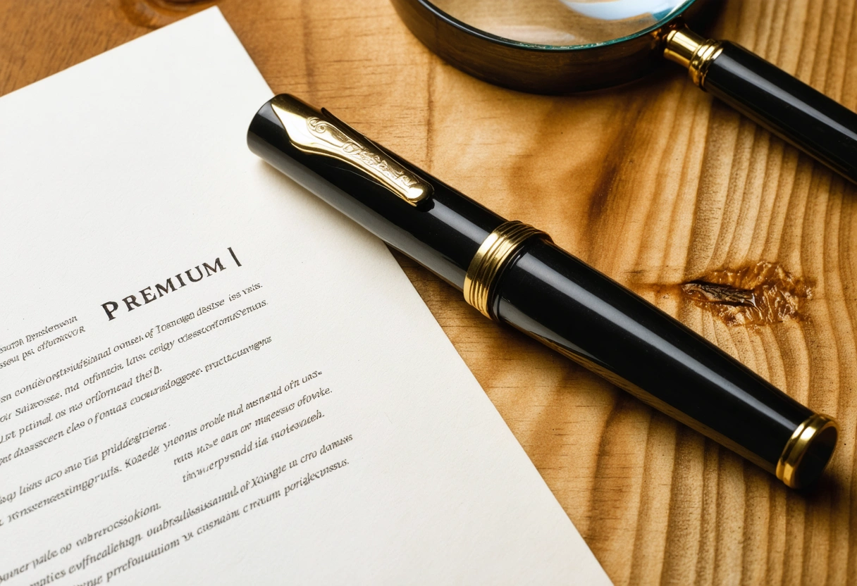 Fountain pen, stamped seal, notebook, and magnifying glass on oak