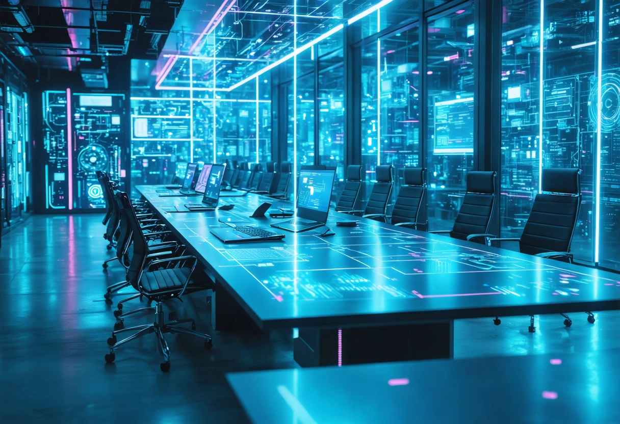 Diverse team evaluates cybersecurity risks in a modern illuminated workspace