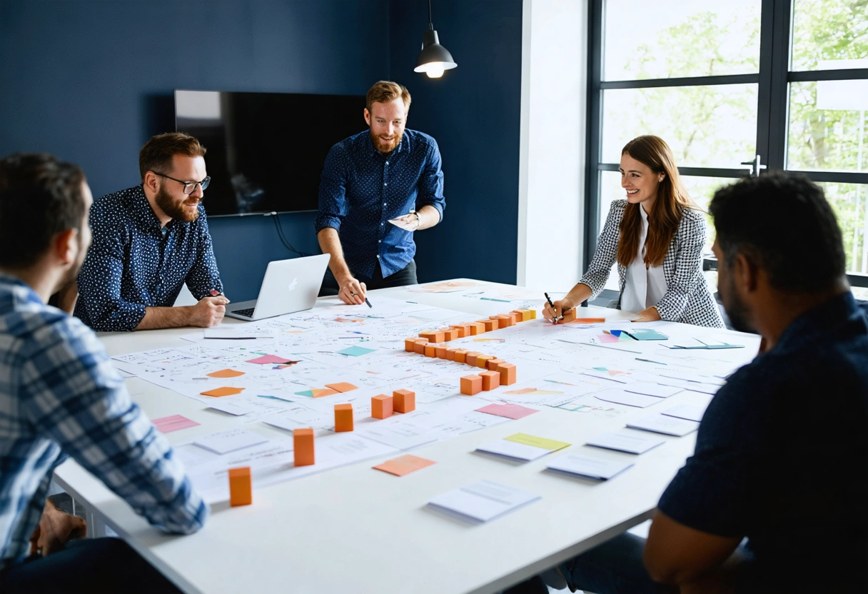 Diverse business leaders collaboratively mapping a focused growth strategy in studio