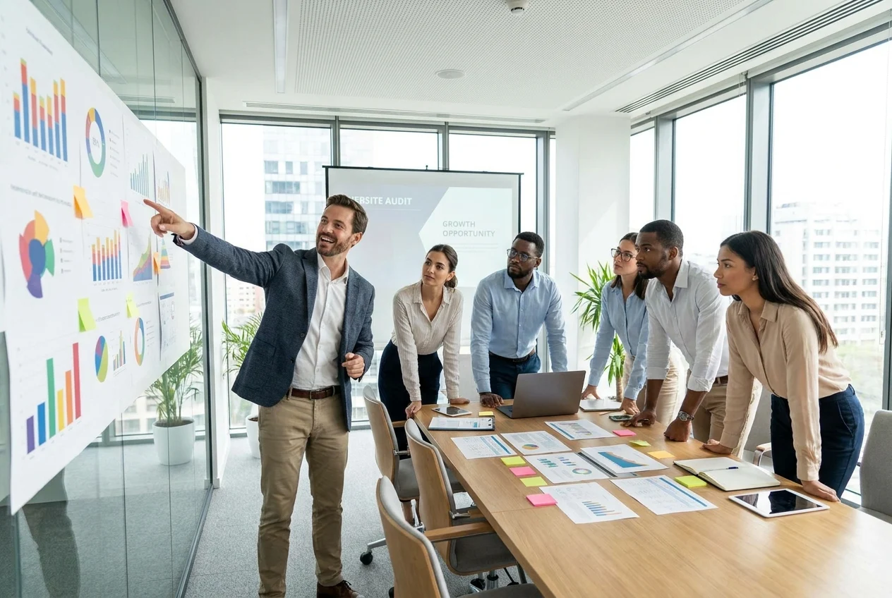 Business team reviewing website analytics in a bright conference room