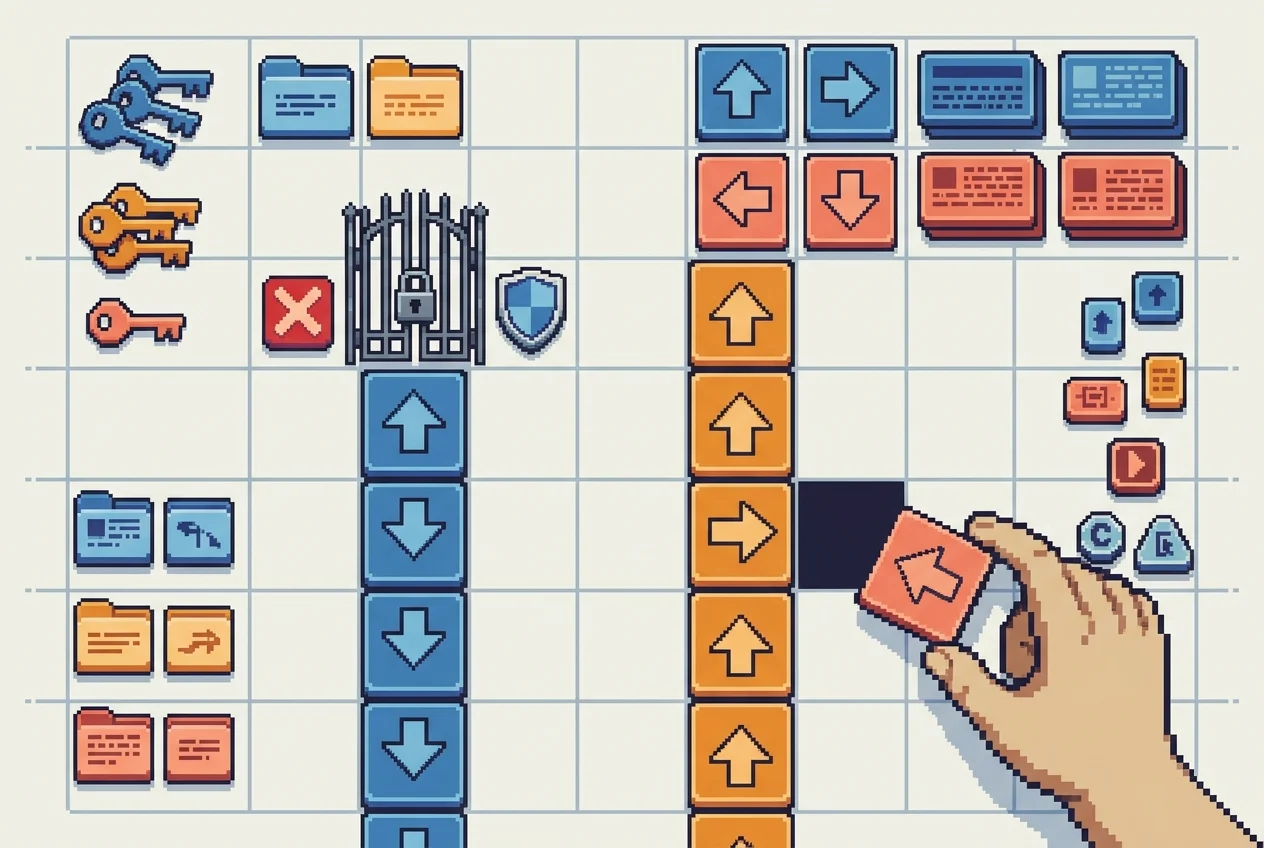 Pixel-art map shows locked route, missing destination, keys, and folders