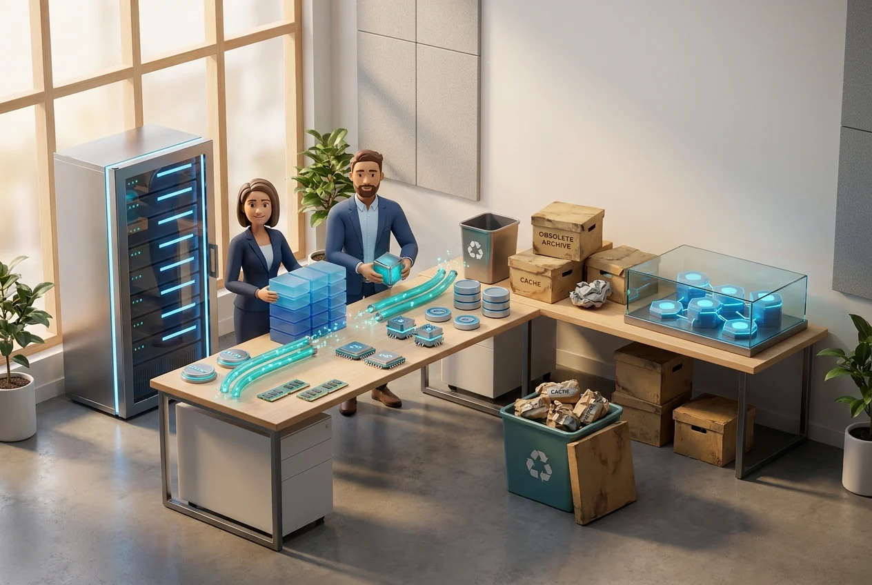 Web specialist and owner organize server resources in a modern workspace