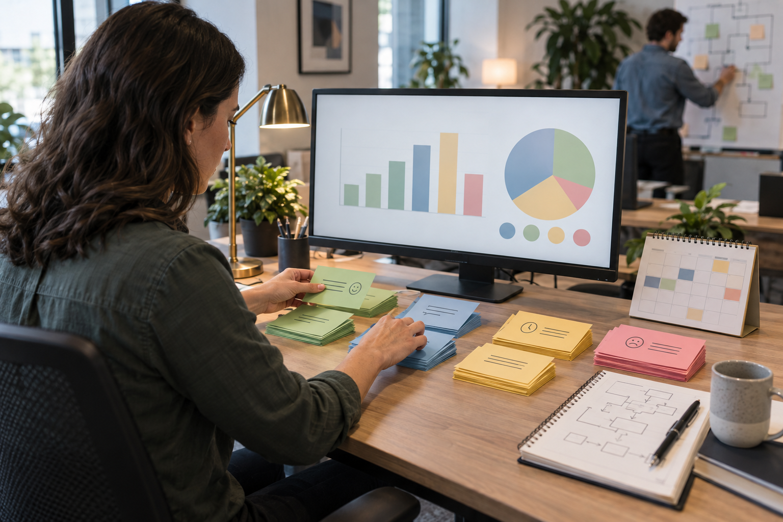 Team members analyzing review ratings during an office meeting